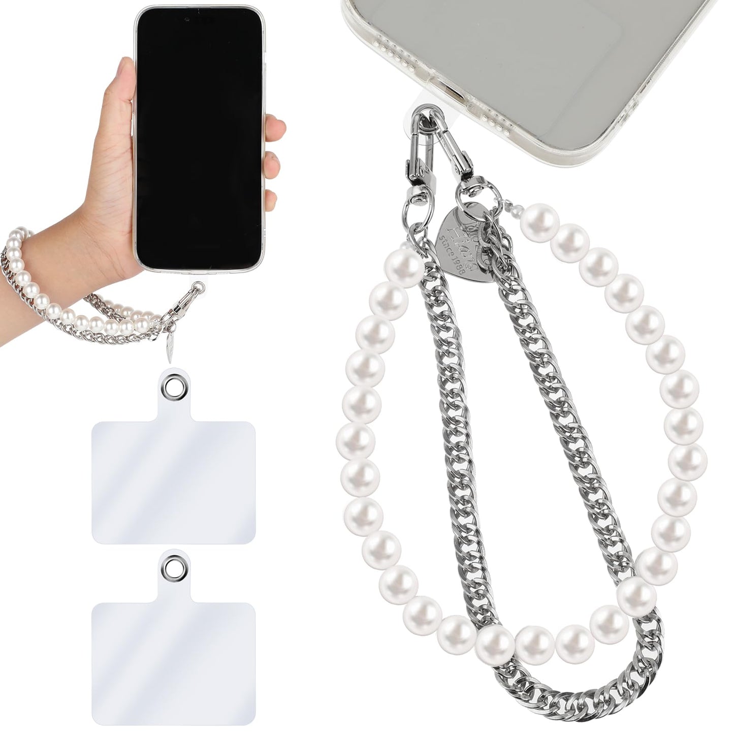 Amabro Phone Wrist Strap, Anti-Lost Pearl Metal Chain Hand-Free Phone Strap Detachable Phone Lanyard with 2pcs PVC Tether Pads for Wallet Keychain Camera Handbag Earphone Phone Accessories