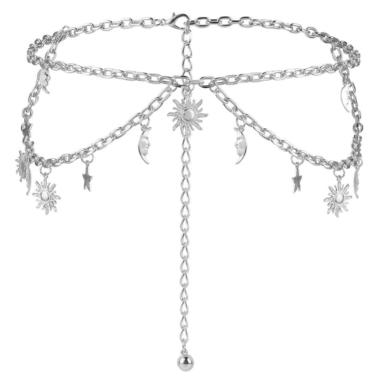 Amaxiu Double Layer Women Metal Chain Belt, Moon Star Adjustable Waist Chain Decorated Metal Link Belt Skinny Waistband Chain for Dresses Jeans(Fits waist size 25"-45",Silver,1)