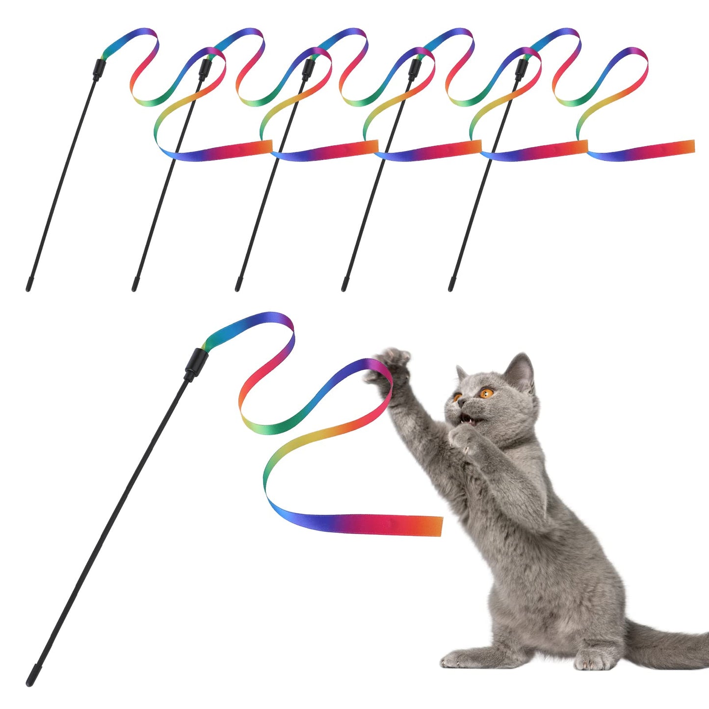 cobee Cat Interactive Wand, Cat Rainbow Wand Toys Cat Wand String Kitten Ribbon Stick Toy Ribbon for Cat Training Exerciser Playing Creative Funny Pet Interactive Toys (5 Pieces, 60cm)