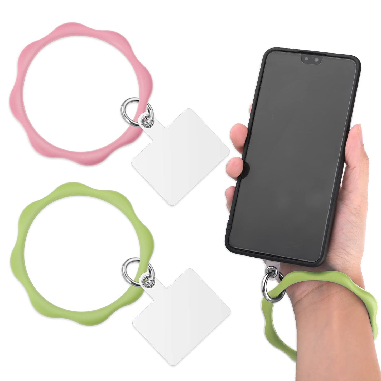 cobee Silicone Phone Wrist Straps, 2 Pcs Wave-shaped Cell Phone Wrist Lanyards with 2 Pcs Tether Tabs Universal Phone Wrist Strap Loop Chain Charm Compatible with Most Smartphones(Green, Pink)