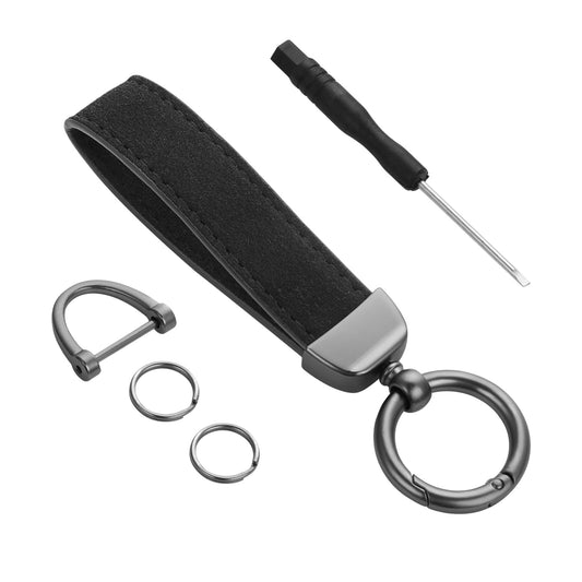 AOZUO Genuine Leather Car Keychain, Carbon Fiber Style Car Key Chain Universal Leather Keychain Type O and D, Car Keyring Fob Keychain Holder for Women Men (with 2 Key Rings and 1 Screwdriver), Black,
