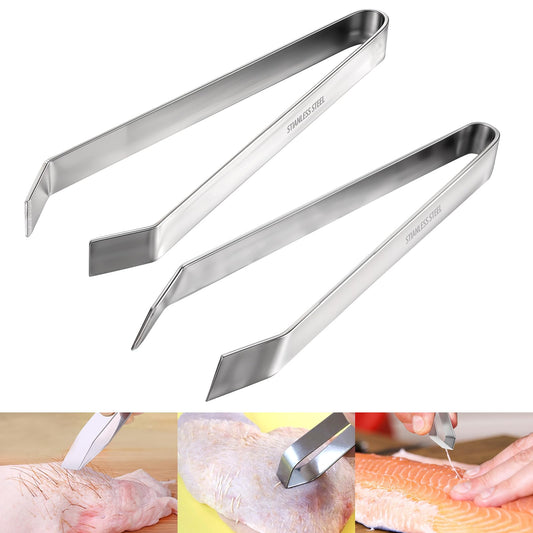 HJZHII Pack of 2 Stainless Steel Bone Tweezers, 12 cm Slanted Bone Tongs for Fish, 11 cm Flat Herringbone Tweezers, Fish Tweezers for Bones Chicken Duck Hair