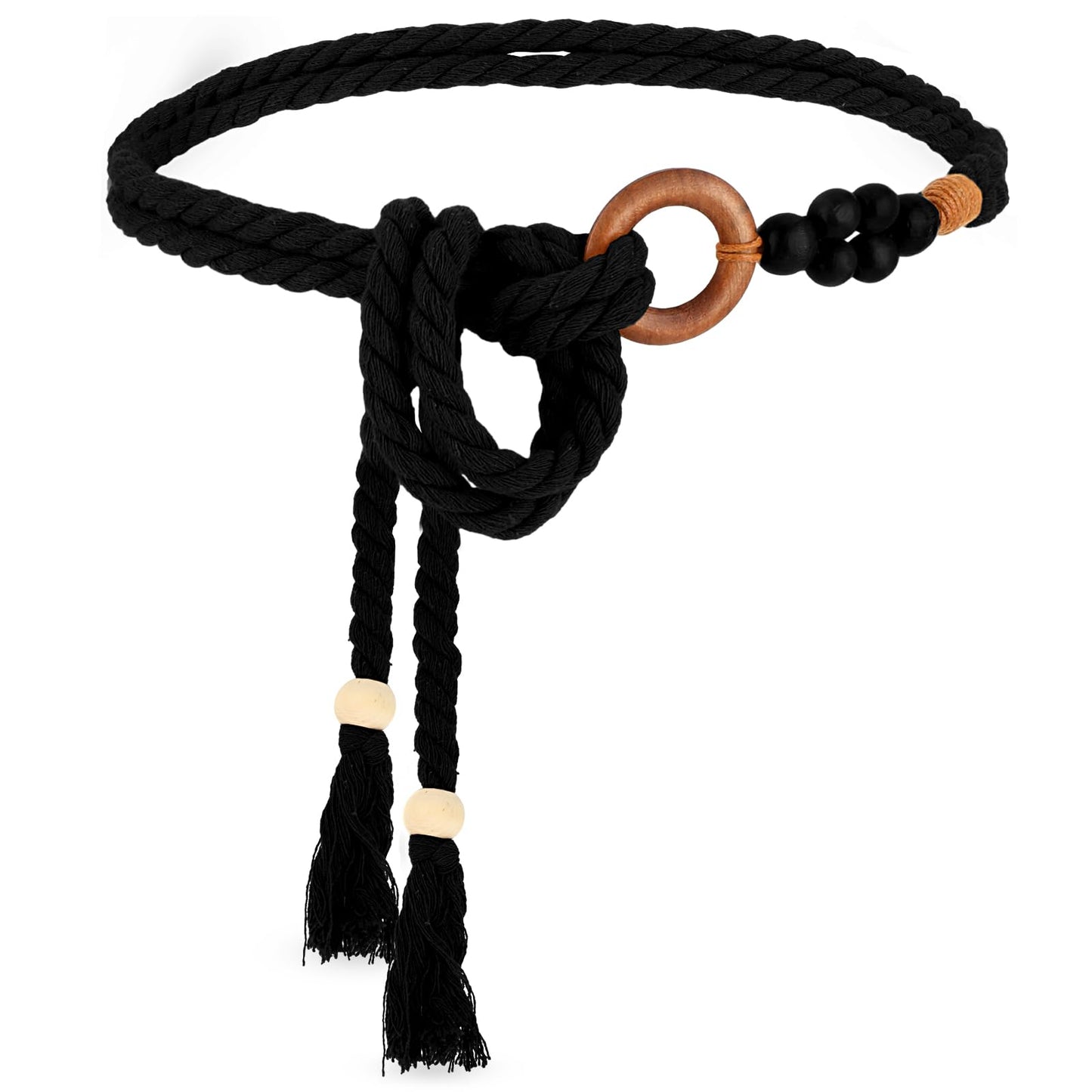 TIESOME Women's Skinny Tassel Waist Belt with Wooden Beads, Thin Woven Waist Rope Belt for Women Girls Godness Braided Waist Belt Rope Chain for Dresses Skirts Tunics (Black)