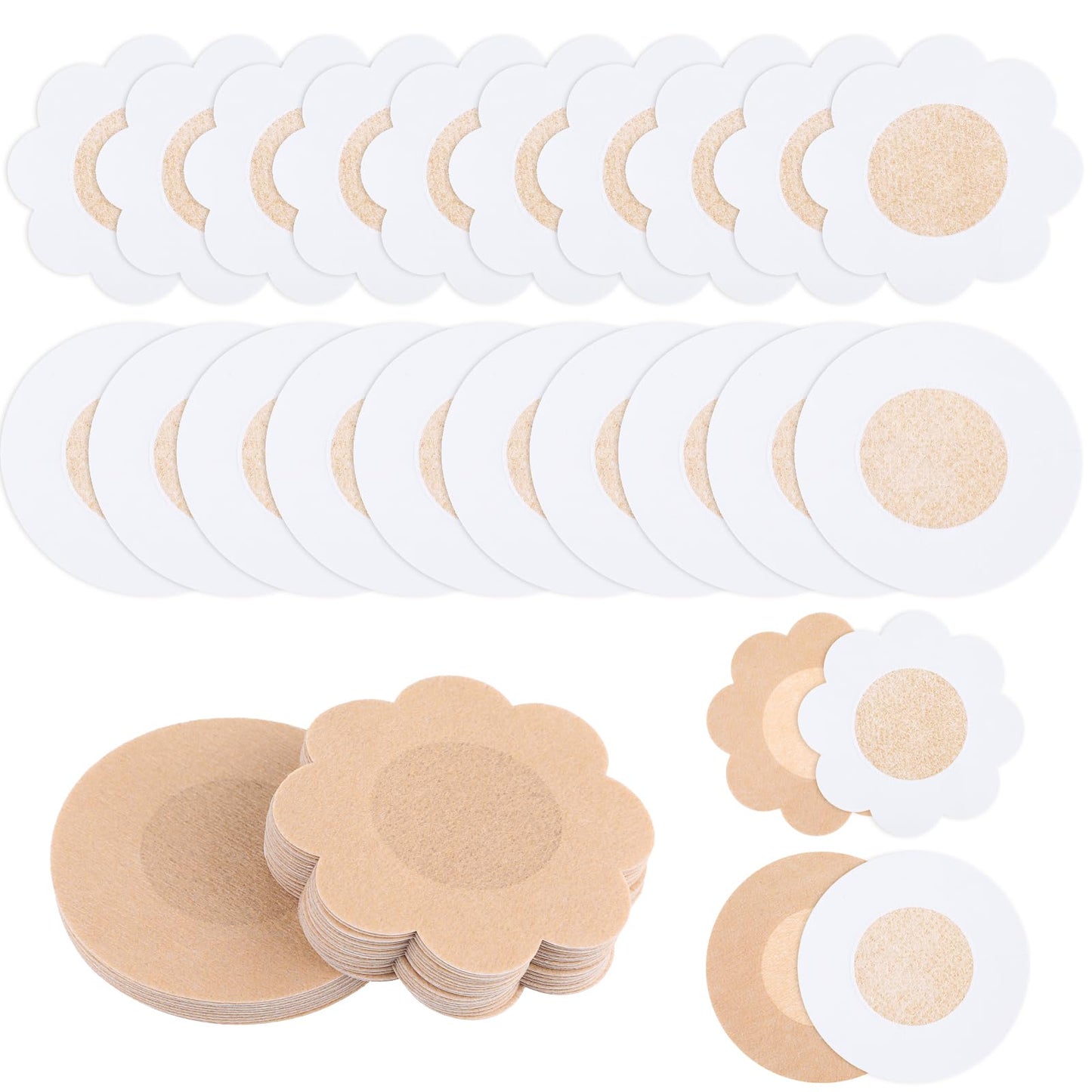 cobee 20 Pairs Disposable Nipple Covers, Self-adhesive Breast Covers 0.2mm Ultra Thin Non-woven Fabric Breast Pasties Waterproof Women Nipple Padding for Bra, Nude Color(20pcs Round + 20pcs Flower)