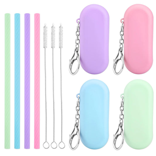 Amabro 4 Set Silicone Straws with Case, Reusable Straws Silicone Kit Portable Portable Foldable Straws with Cleaning Brush for Cold or Hot Drinks, 7.87-inch