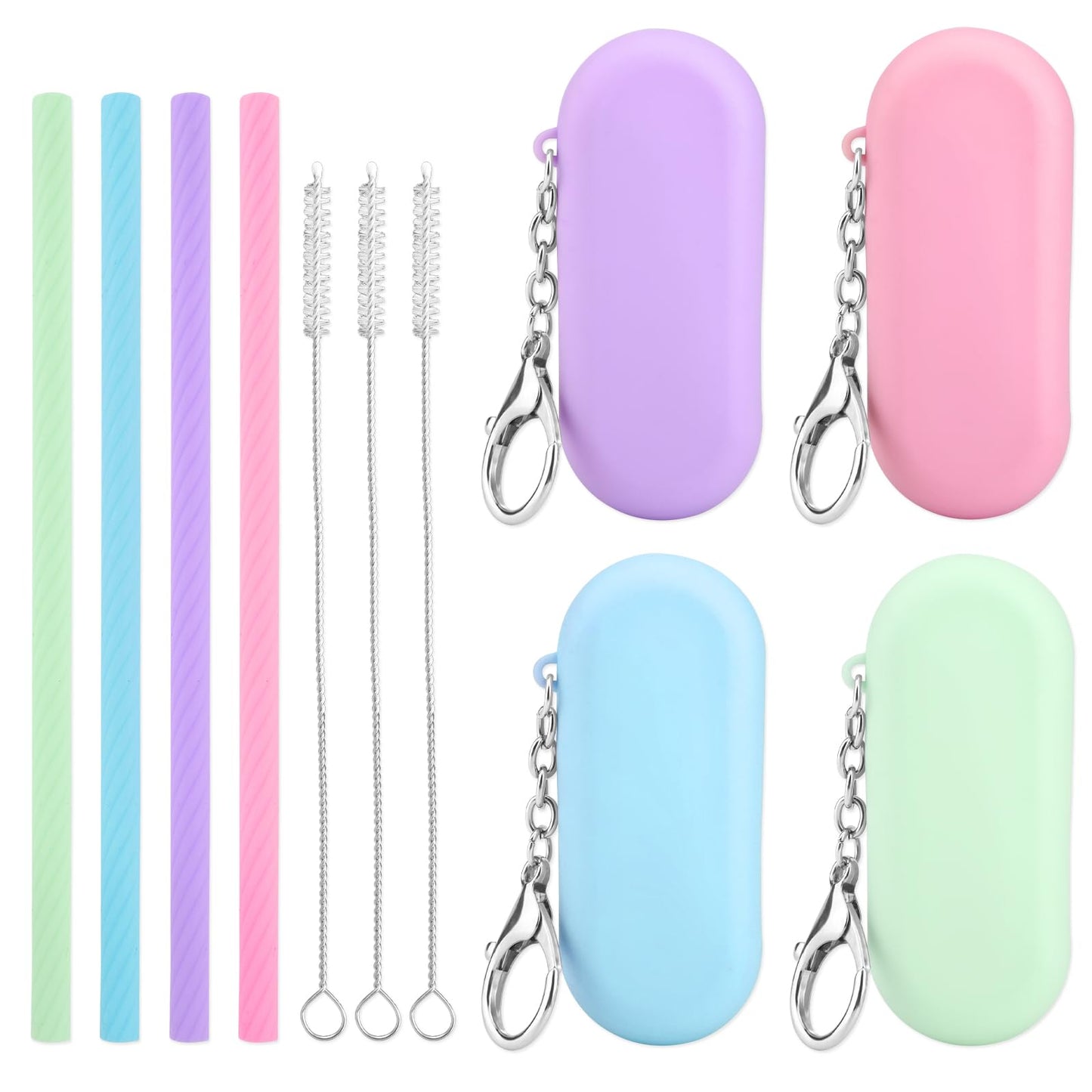 Amabro 4 Set Silicone Straws with Case, Reusable Straws Silicone Kit Portable Portable Foldable Straws with Cleaning Brush for Cold or Hot Drinks, 7.87-inch