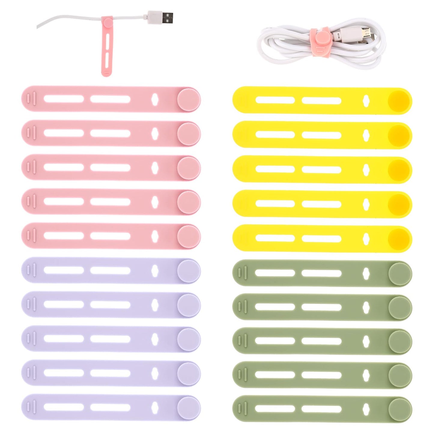 Giantree 20 Pcs Reusable Cable Ties, Silicone Adjustable Cord Organizer Cord Wraps for Charging Cords Earphone Computer Wire Desk Cable Management Travel Accessories (Yellow+Pink+Purple+Green)