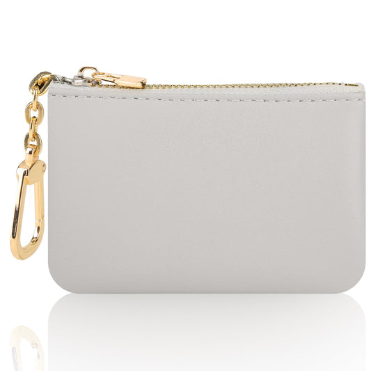 Amaxiu Women Genuine Leather Mini Coin Purse with Keychain, Cowhide Zipper Coin Pouch Credit Card Holder Earphone Lipstick Organizer(White)