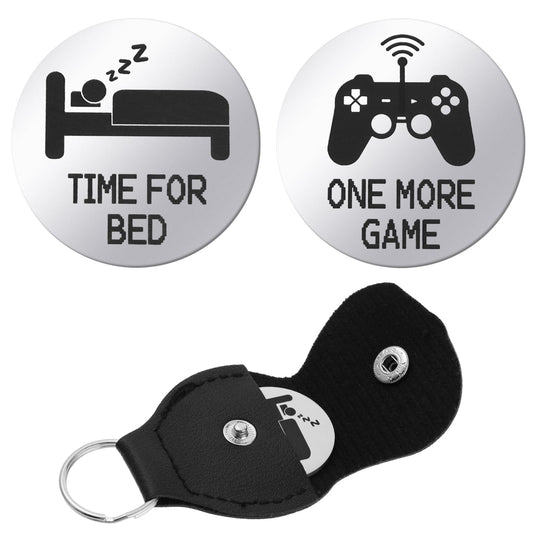 Amaxiu Novelty Gaming Coins, Funny Decision Coins for One More Game or Time for Bed, Double Sided Destiny Flip Coins Pocket Hug Token Leather Keychain Coin Gift for Game Lovers(Silver)