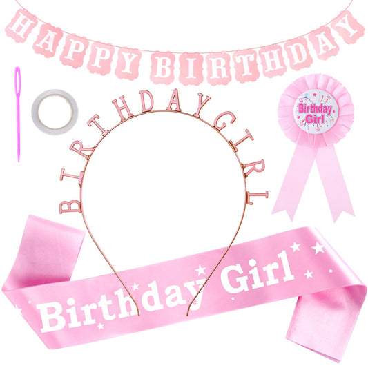 Andibro Birthday Sash & Crown Set for Women, Birthday Headband for Kids Princess Little Girl Award Ribbon with Birthday Girl Pin and Banner Pink Birthday Tiara Happy Birthday Decorations Accessories