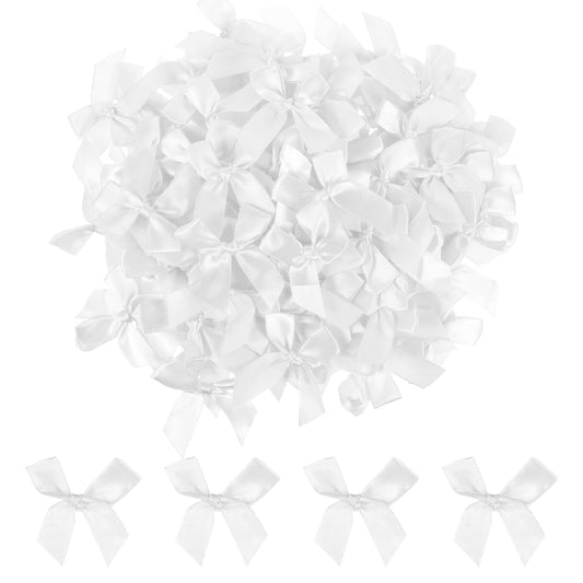 AOZUO Pack of 100 Mini Satin Ribbon Bows 7 cm Long Bows for Tying Pre-Tied Bows for DIY Premade Craft Bows for Packaging Gift Bags Decorations (White)