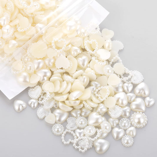 Giantree 500Pcs Nail Stickers, Creamy White Pearls Heart Nail Charms 3D Nail Art Material Embellishments for Nail Art DIY Crafts Accessories(Beige)