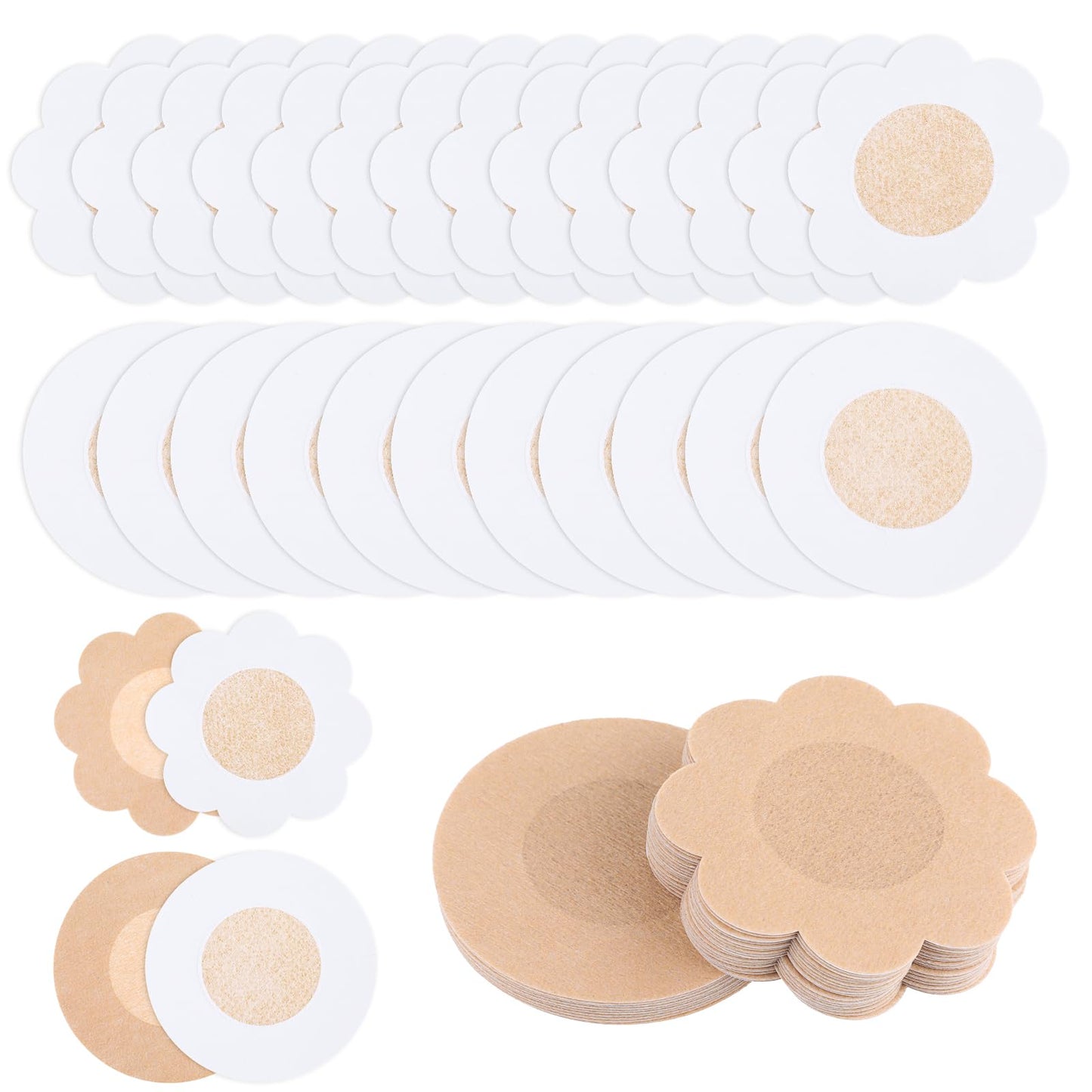cobee 30 Pairs Nipple Covers, Disposable Non-woven Fabric Breast Covers Ultra Thin Self-adhesive Breast Pasties Waterproof Nipple Padding for Women Bra, 0.2mm, Nude Color(30pcs Round + 30pcs Flower)