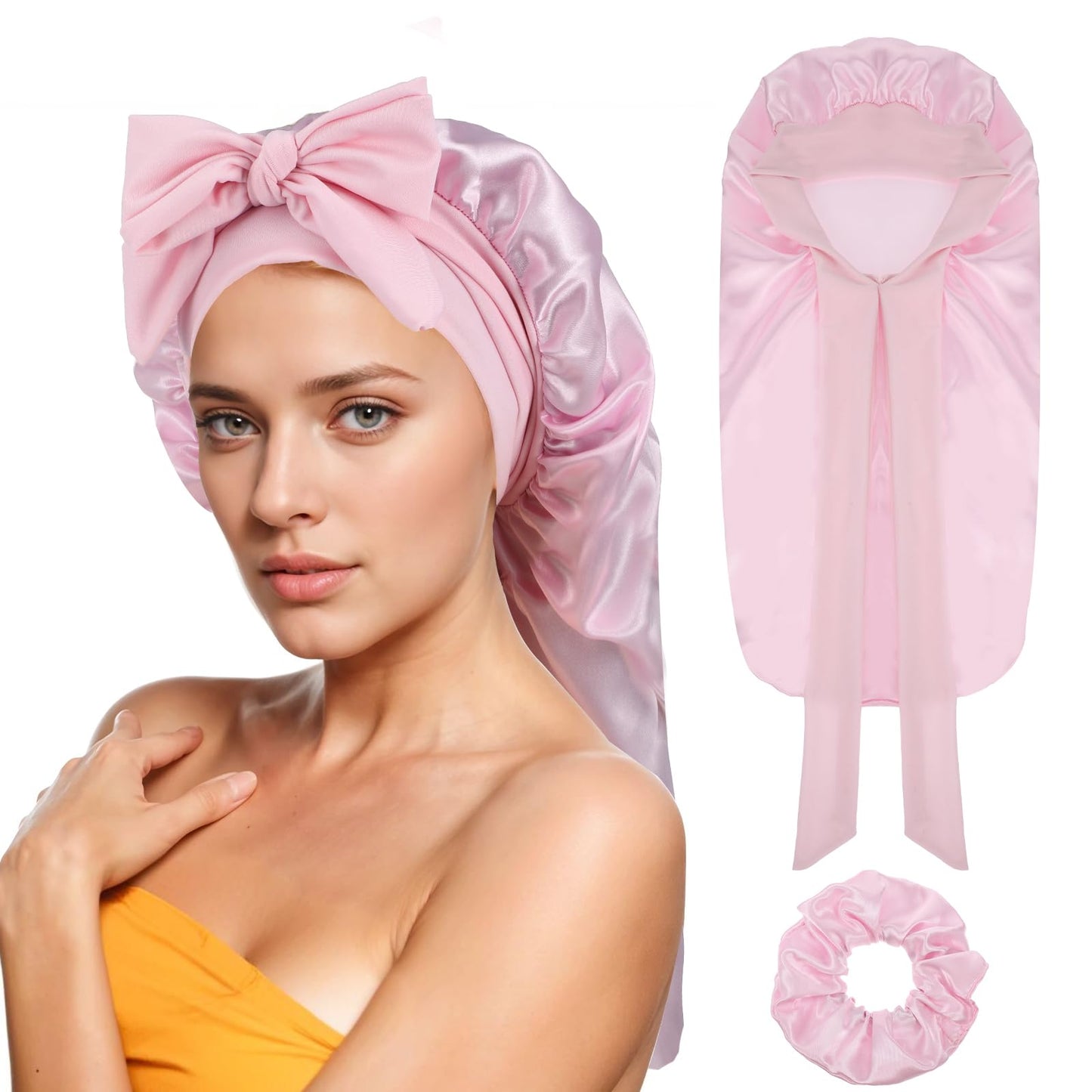 Yuanchu Long Satin Braid Cap for Women, Silk Bonnet for Sleeping, Satin Hair Cap with Hair Scrunchie, Silk Bonnet, Adjustable Sleep Cap, Night Cap for Long Curly Hair, Locs (Pink)