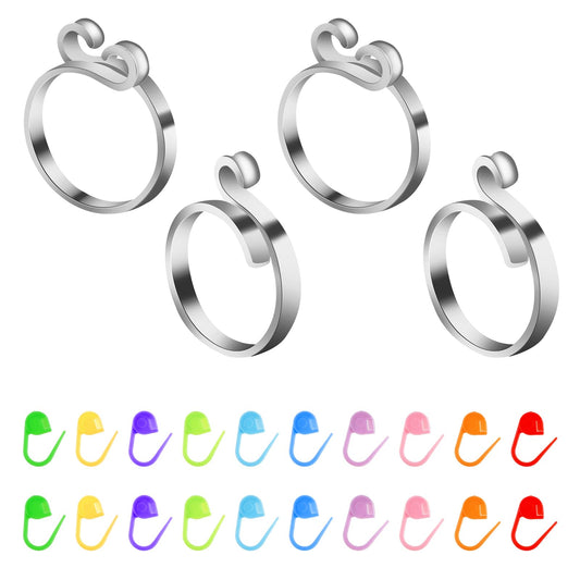 Molain 4Pcs Crochet Ring with 20 Candy-Colored Stitch Markers, Crochet Rings for Crocheting Knitting Adjustable Crochet Tension Rings is The Perfect Aid to Crochet Accessories(Silver)