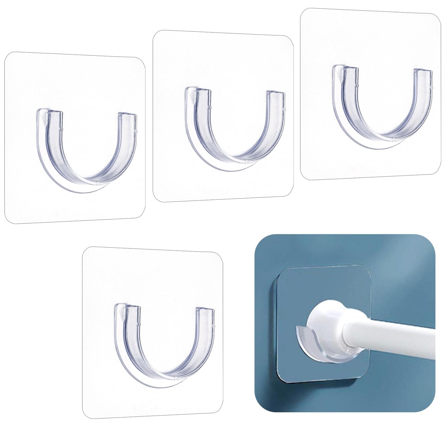 Molain 4Pcs Adhesive Shower Curtain Rod Holder, No Drilling Transparent Shower Rod Holder Invisible Wall Mount Holder Shower Rod Retainer Tension Bracket