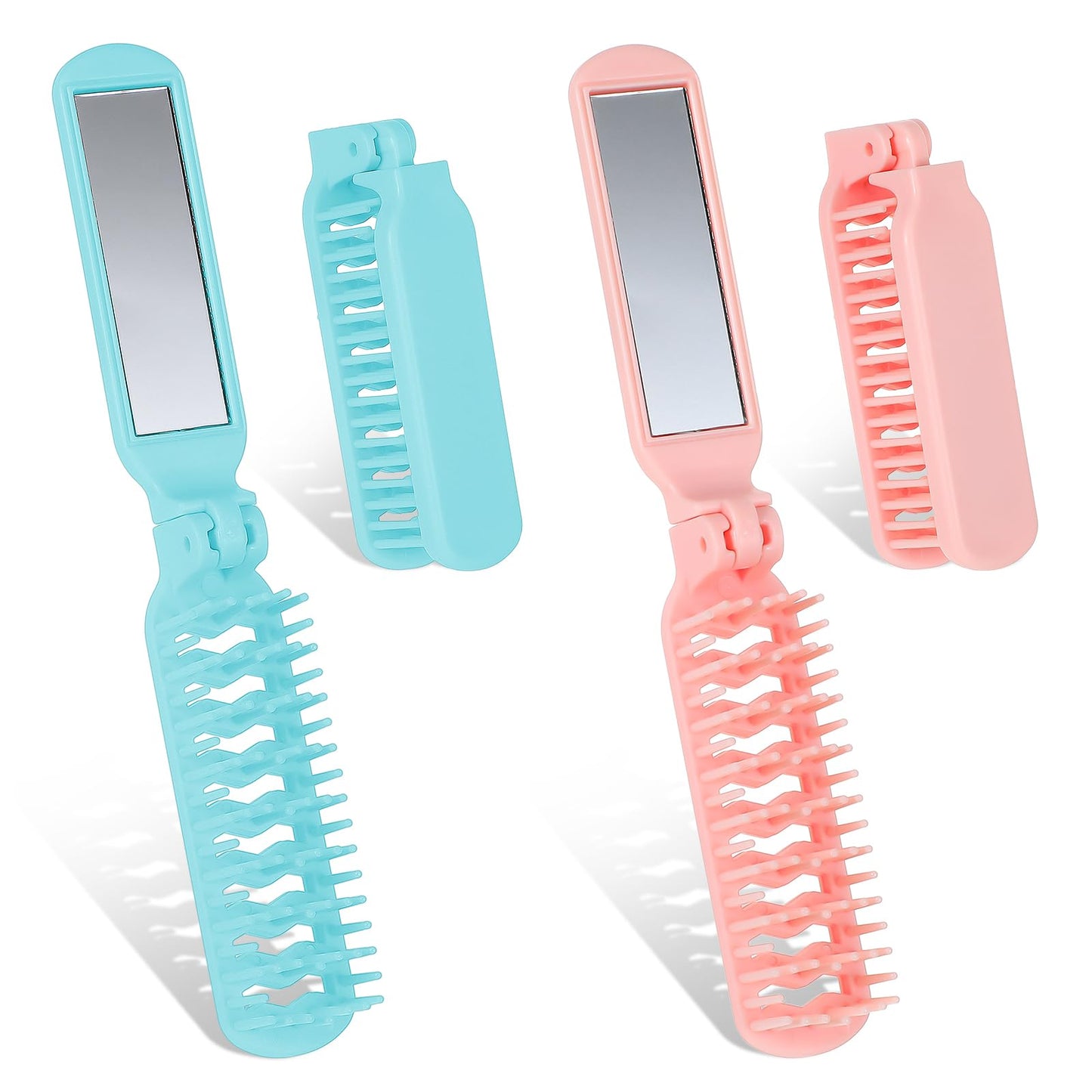 HJZHII Pack of 4 Mini Hair Brushes with Small Mirror, Foldable Hair Brush, Small Portable Travel Hair Brush, Travel Brush, Folding Hair Massage Comb, Folding Comb, Beard Comb for Men and Women (Blue +