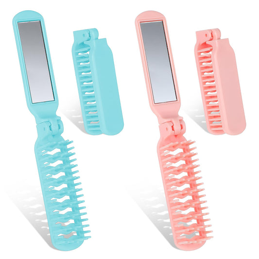 HJZHII Pack of 4 Mini Hair Brushes with Small Mirror, Foldable Hair Brush, Small Portable Travel Hair Brush, Travel Brush, Folding Hair Massage Comb, Folding Comb, Beard Comb for Men and Women (Blue +