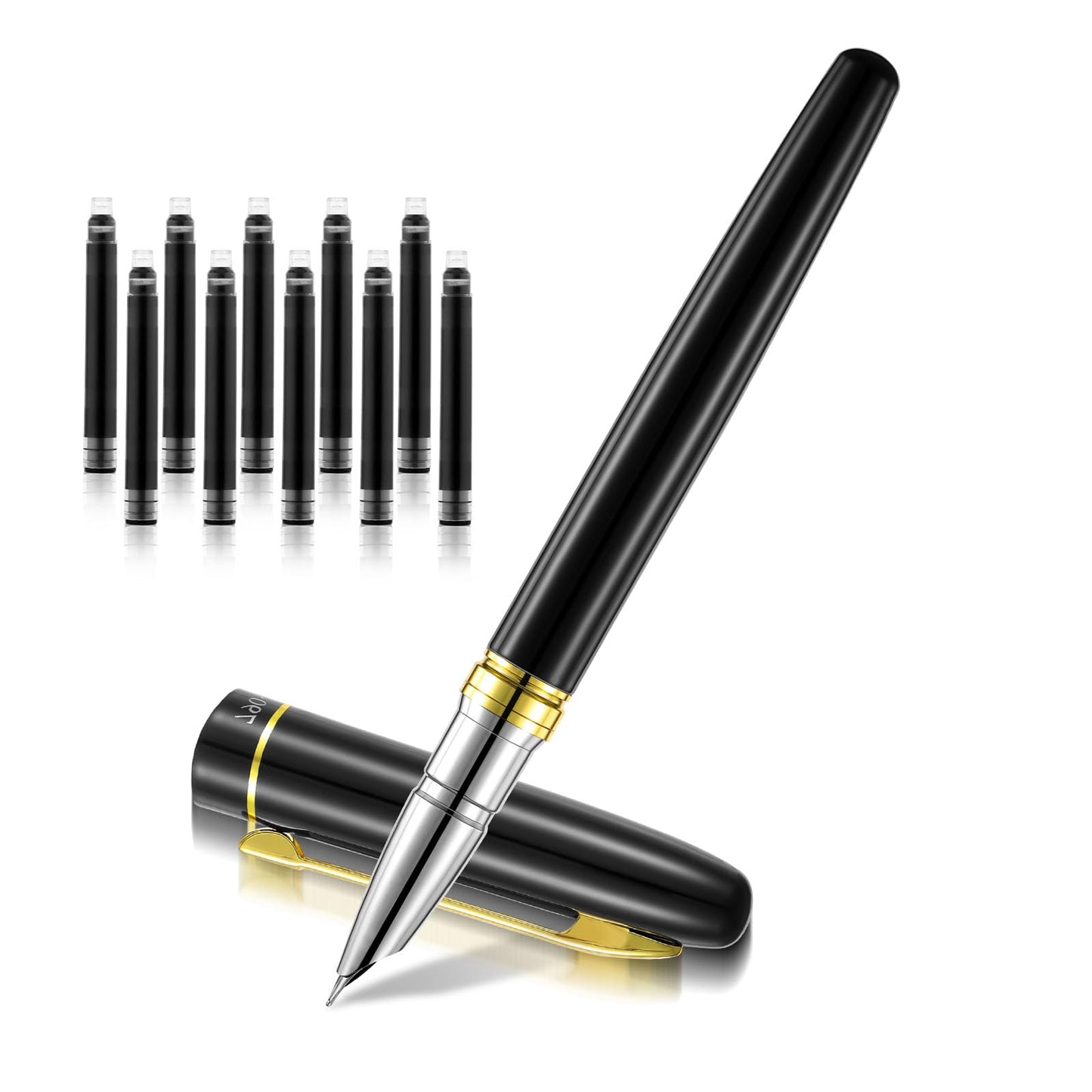 GEEHUA Luxury Fountain Pen Set, 0.38mm Extra Fine Nib Smooth Writing Pen with 10 Black Ink Cartridges Ink Refill Converter Black Metal Fountain Pen Business Nice Pen for Office Men Women