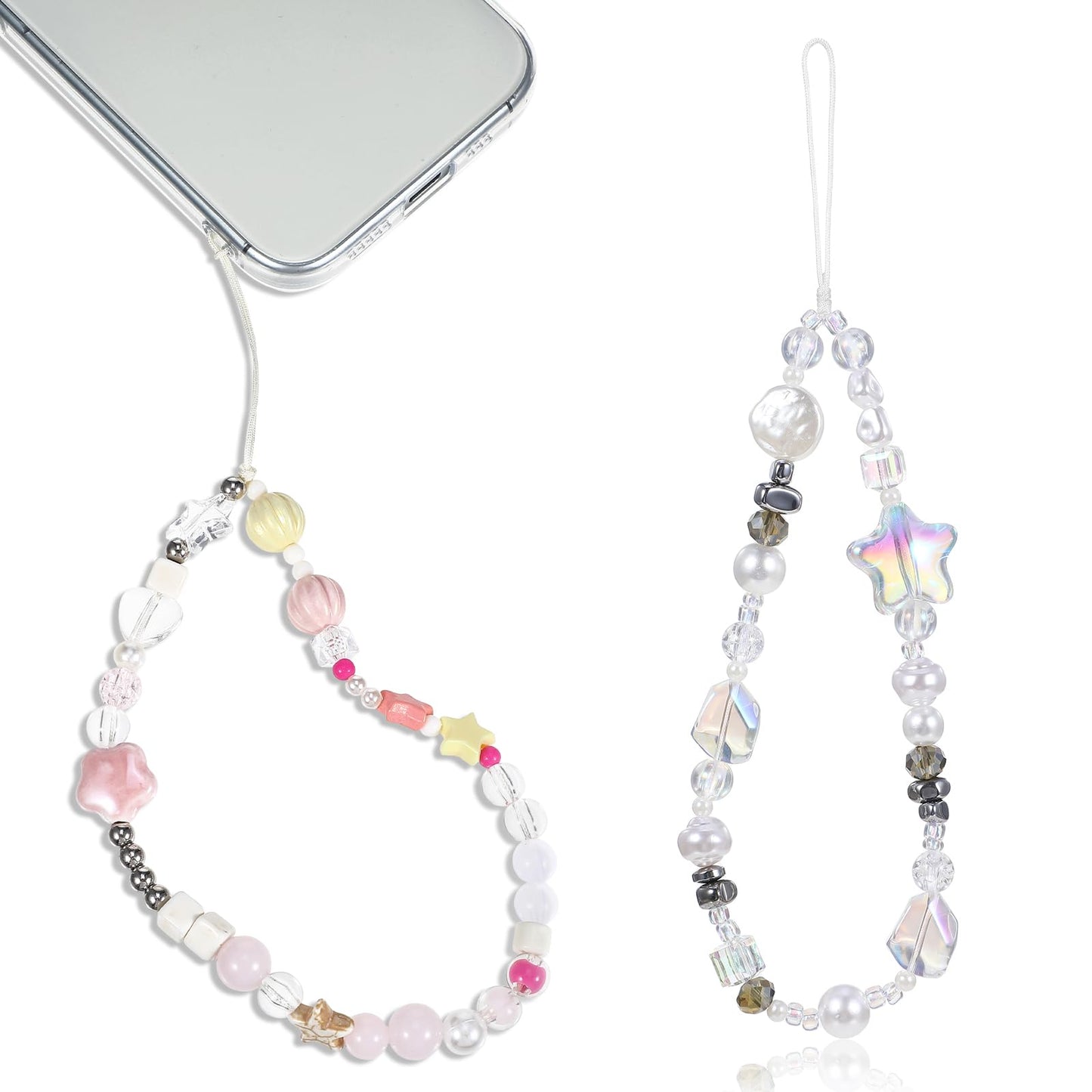 Yuanchu Pack of 2 Mobile Phone Pendant Chain, Cute Mobile Phone Strap Star Beads Mobile Phone Bracelet Pendant, Kawaii Phone Lanyard, Anti-Lost Mobile Phone Lanyard, Mobile Phone Pendant, Phone