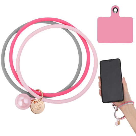 cobee 3-in-1 Silicone Phone Wrist Lanyard with Patch and Metal Ring Universal Phone Wrist Strap Fashion Cell Phone Wrist Loop Charm for Women Compatible with Most Smartphone(Rose Pink+Light Pink+Gray)