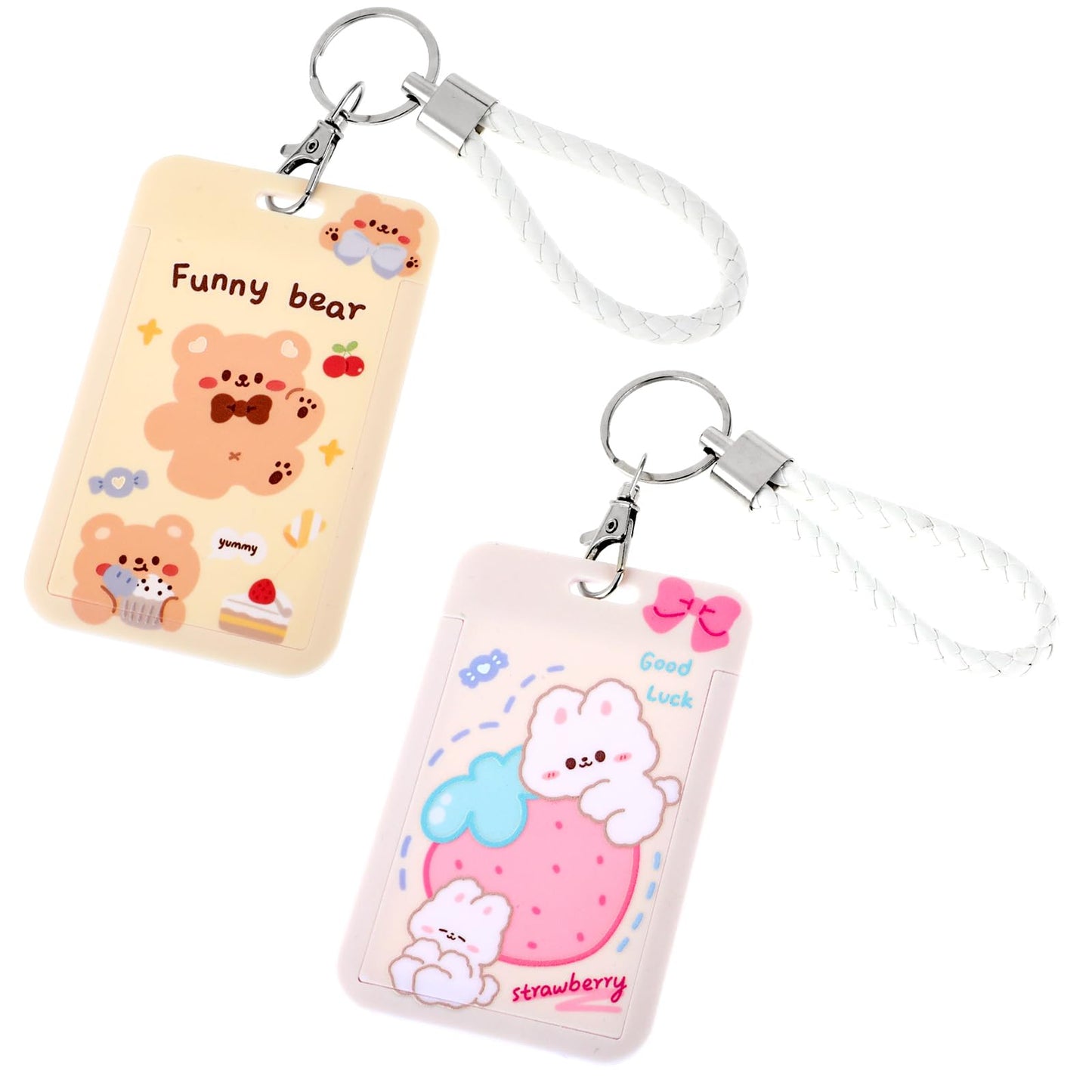 Amabro 2 PCS Kpop Photocard Holder, Cute Cartoon Bear Bunny ID Badge Card Holder PC Holder Kpop Idol Bank Credit Card Case Student Bus Card Pendant Keychain Protective Photo Sleeves