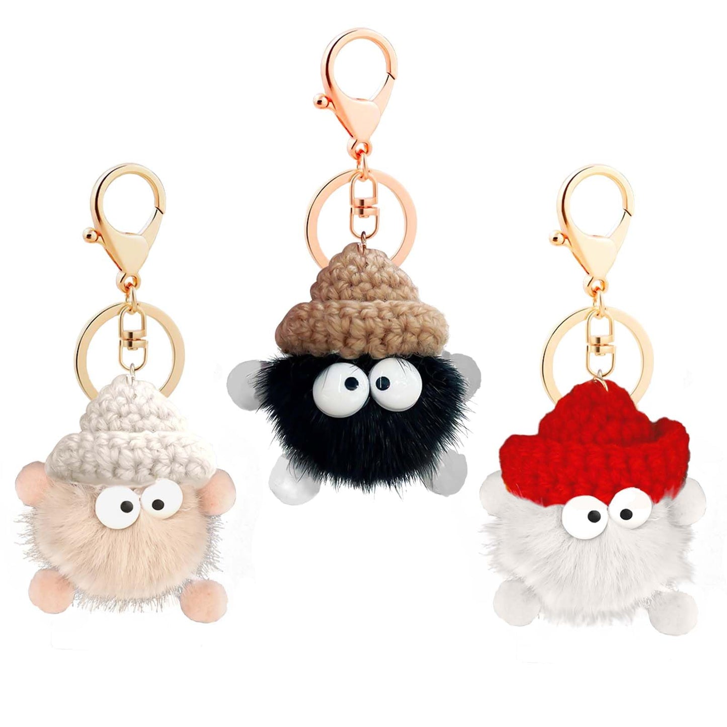 Giantree 3Pcs Cute Plush Keychain, Kawaii Cartoon Soft Plush Gift Key Chain Movable Small Briquette Pendant Keyring for Women Men Backpacks Car Keychains(Khaki+Black+Beige)