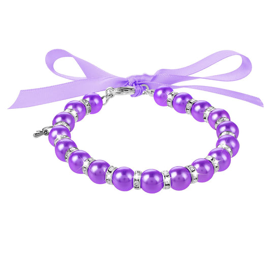 Andibro Dog Necklace for Pet, Adjustable Cat Pearl Collar Necklace, Shiny Rhinestone Jewelry Collars Diamond Chain Dog Collar Dog Dress with Rhinestone & Ribbon for Cat Clothing Accessories(Purple,L)
