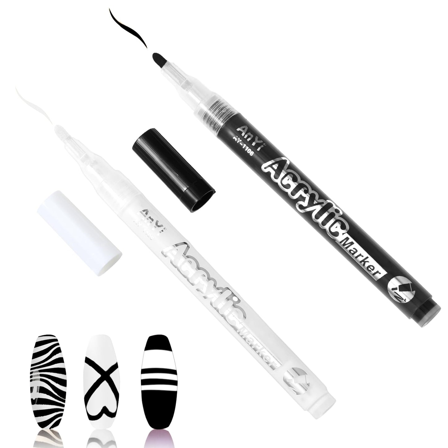 Amabro Nail Art Pens, 2pcs Acrylic Nail Drawing Markers Quick Dry 1mm Fine Tip Nail Art Graffiti Pen Nail Polish Brush Pen for Draw Point Lines Nails Art Design Manicure Tools(Black, White)