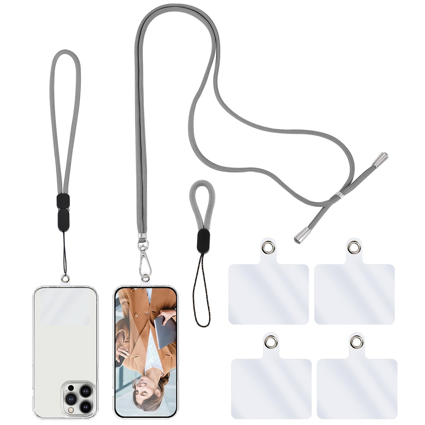 simarro Universal Cell Phone Lanyard, Crossbody Patch Phone Lanyards For Around The Neck, Phone Neck Lanyard, Wrist Phone Strap, Finger Phone Strap, 4× Phone Patch (Grey)