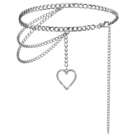 Jeffdad Silver Chain Belts For Women, Metal Chain Belt with Heart Shaped Pendant, Adjustable Body Waist Link Belts for Jeans Dresses(Silver)