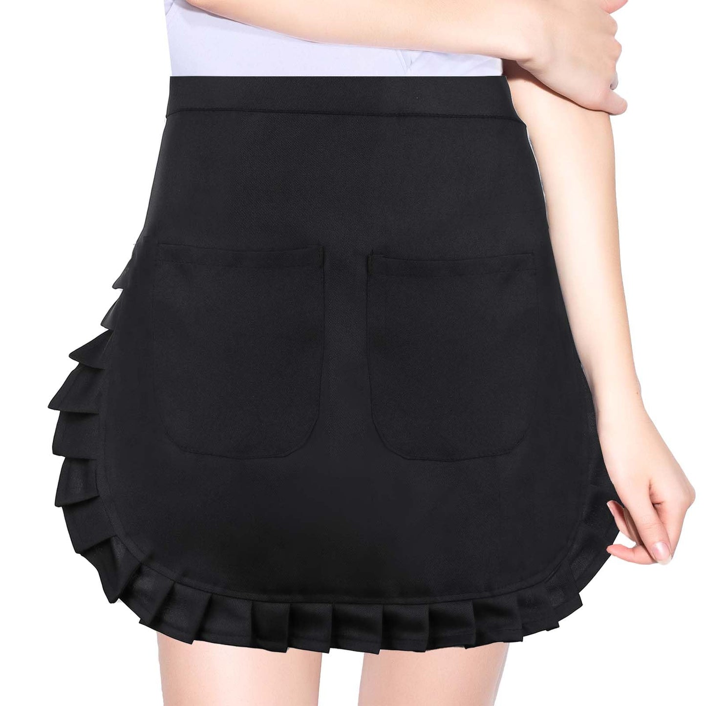 Giantree Women's Waist Apron with 2 Pockets, White Half Apron Waitress Servant Costume Apron for Kitchen Cooking Restaurant Bistro Coffee Shop (Black)