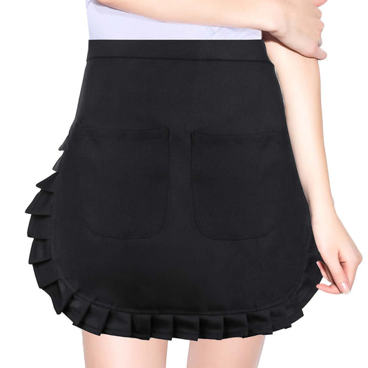 Giantree Women's Waist Apron with 2 Pockets, White Half Apron Waitress Servant Costume Apron for Kitchen Cooking Restaurant Bistro Coffee Shop (Black)