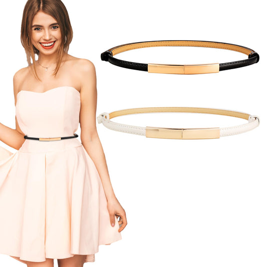 Amaxiu 2PCS Skinny Belt for Women, Thin PU Leather Belt Adjustable Gold Belt Narrow Waist Belt with Gold Buckle for Dress Jeans