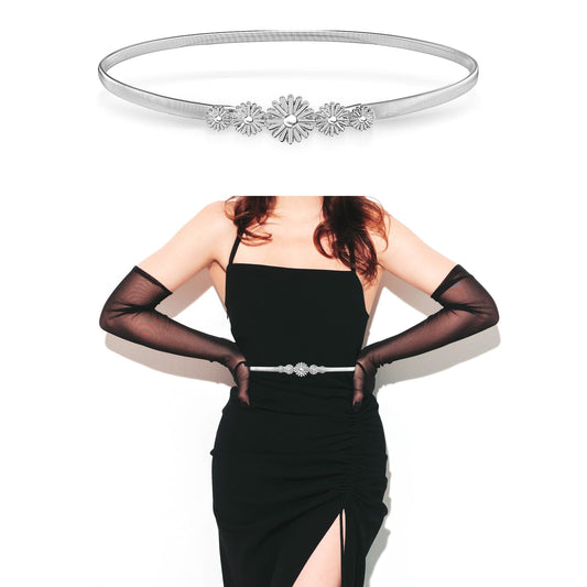 Amaxiu Women Metal Stretch Belt, Ladies Thin Belts Skinny Chain Belt Elastic Waist Belt for Dresses Jeans(Silver)