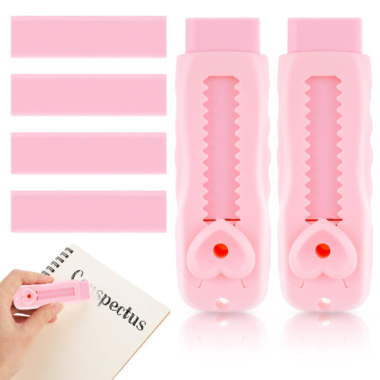 AOZUO Sliding Retractable Pencil Eraser Push-Pull Rubber Eraser and 4 PCS Refill Erasers for Students School Stationery Writing Office(Pink)