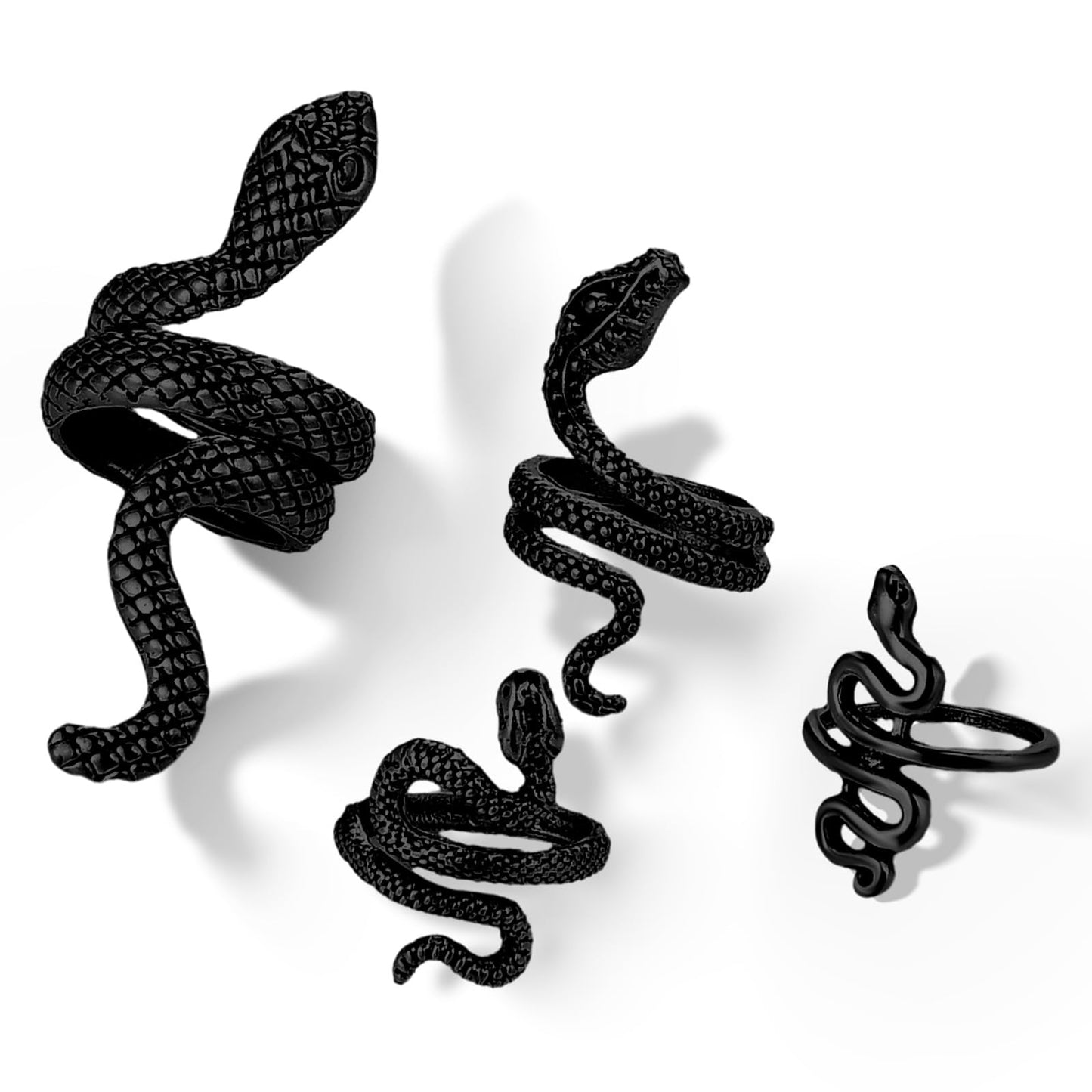 TIESOME 4 PCS Silver/Black Snake Ring for Men Women, Adjustable Punk Gothic Snake Ring Boho Stacking Rings Set Serpent Reptile Vintage Ring Jewelry Joint Finger Rings