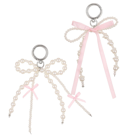 MBAIYO 2Pcs Pearl Bow Keychain, Cute Bowknot Beaded Keyring Charms Aesthetic Pink Bag Charms Purse Car Key Chain for Women Bow Keychain for Purse Pink Bow Keychain Purse Charms Bow Bag Charms, Pink,