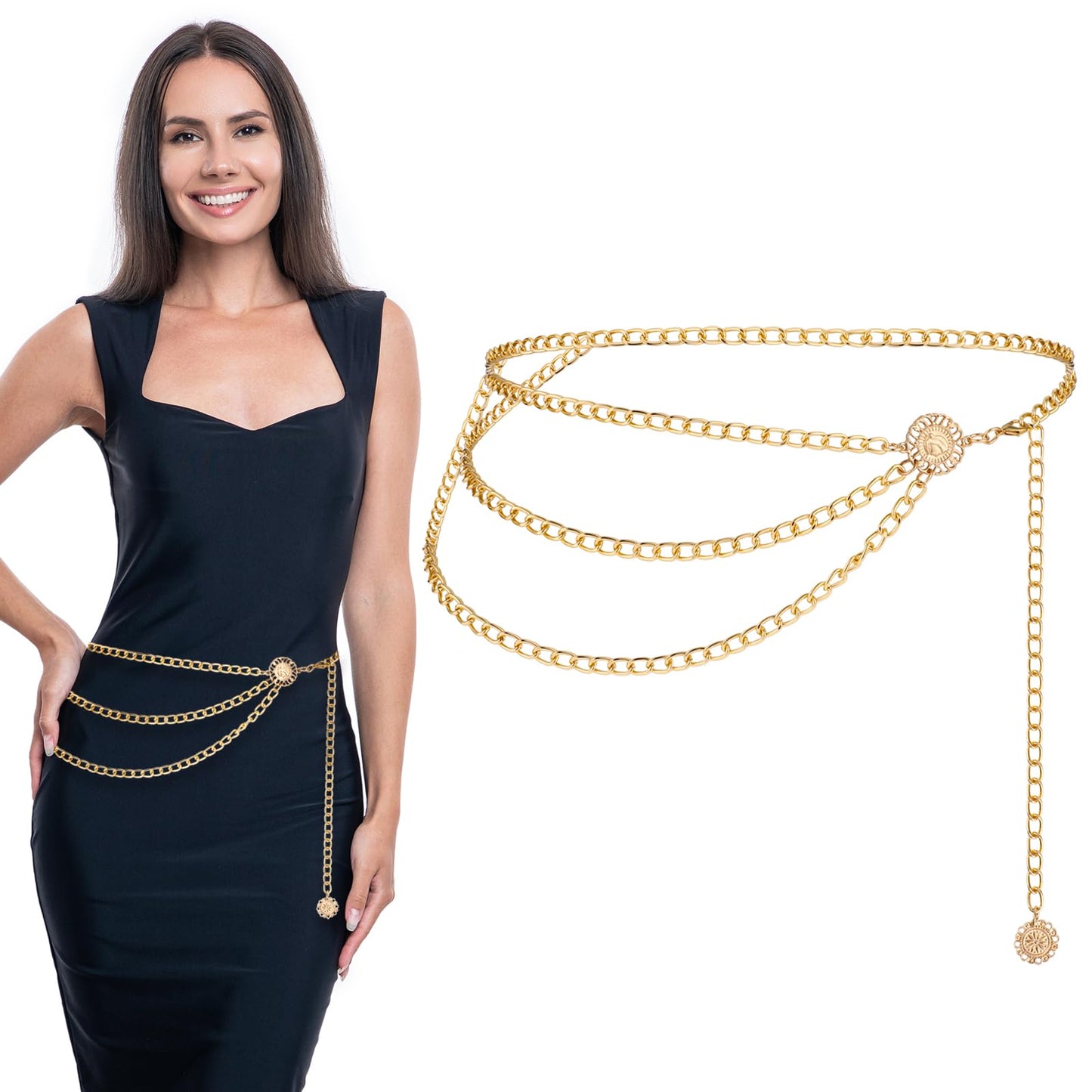 JIEYAO Multilayer Metal Chain Belts, Womens Metal Belts for Dresses Adjustable Body Belly Chain Long Waist Belt for Jeans(Gold,90cm/35.4in)