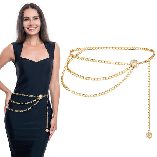 JIEYAO Multilayer Metal Chain Belts, Womens Metal Belts for Dresses Adjustable Body Belly Chain Long Waist Belt for Jeans(Gold,90cm/35.4in)