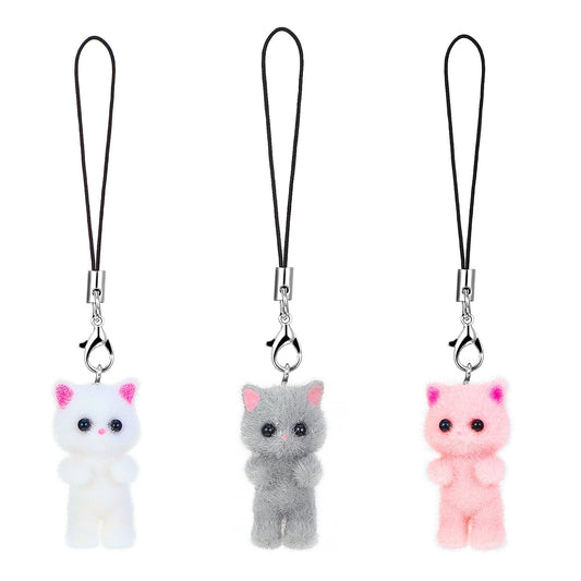 AOZUO Cat Phone Charms, Fuzzy Cat Keychain Cute Y2K Aesthetic Phone Case Charm Kawaii Cat Mobile Phone Pendants Wrist Straps Lanyard Accessories for Women Girls Phone Bag Keychain Camera Decor, resin