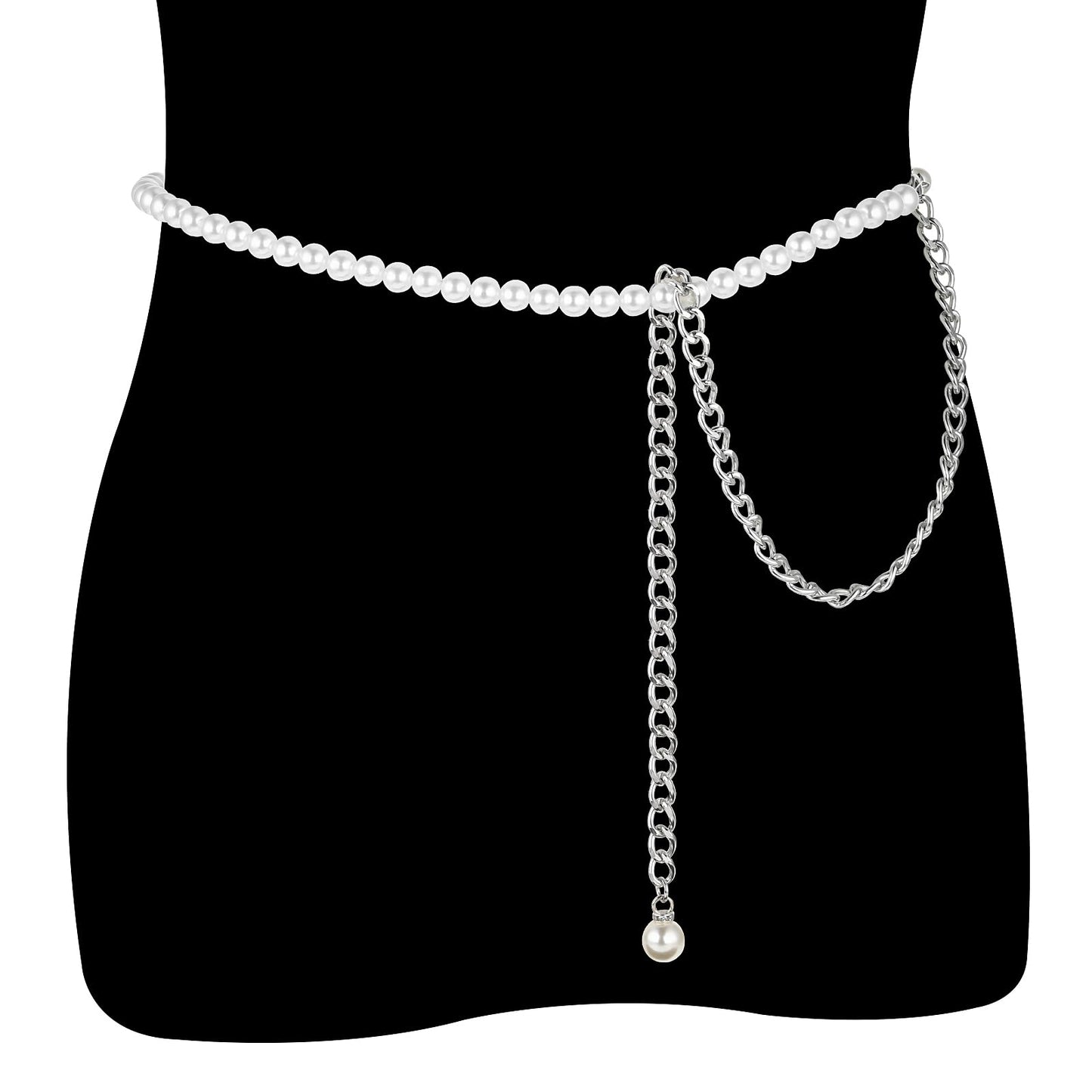 Amabro Pearl Metal Waist Belt, 27.5''-46.4'' Adjustable Chain Belt with Extension Chain for Women Girls Body Waistband Bikini Belly Clothing Jewelry Accessories for Dresses, Jeans, White