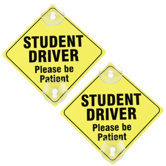 Andibro Student Driver Warning Signs, Please Be Patient Student Driver Safety Warning 2 Pcs 4.92"x4.92" Safety Car Sign with Double Suction Cups Reflective Sticker for Car Window Reusable for New Driv