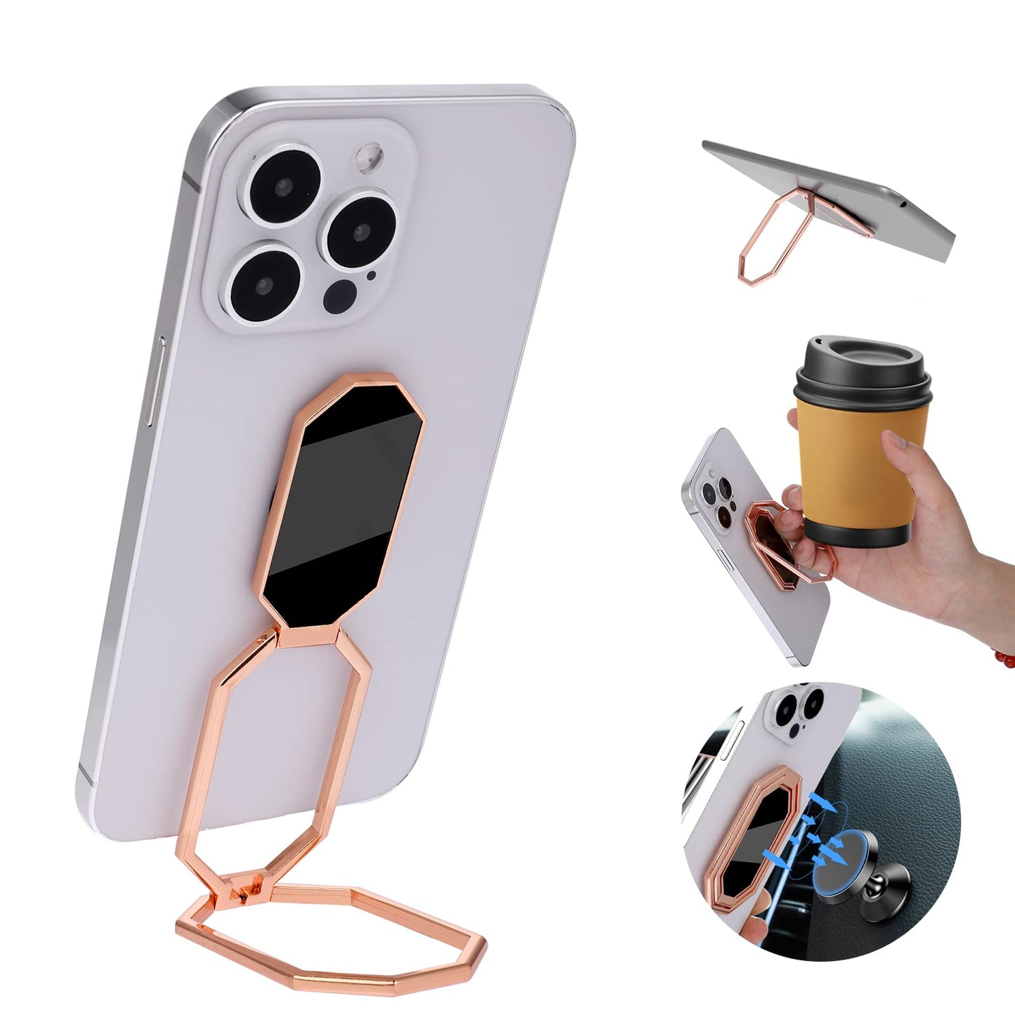 cobee Phone Ring Holder Finger Kickstand, Octagon 360° Rotation Foldable Cell Phone Stand Adjustable Phone Holder Metal Phone Back Grip for Magnetic Car Mount Smartphones Tablet(Rose Gold)