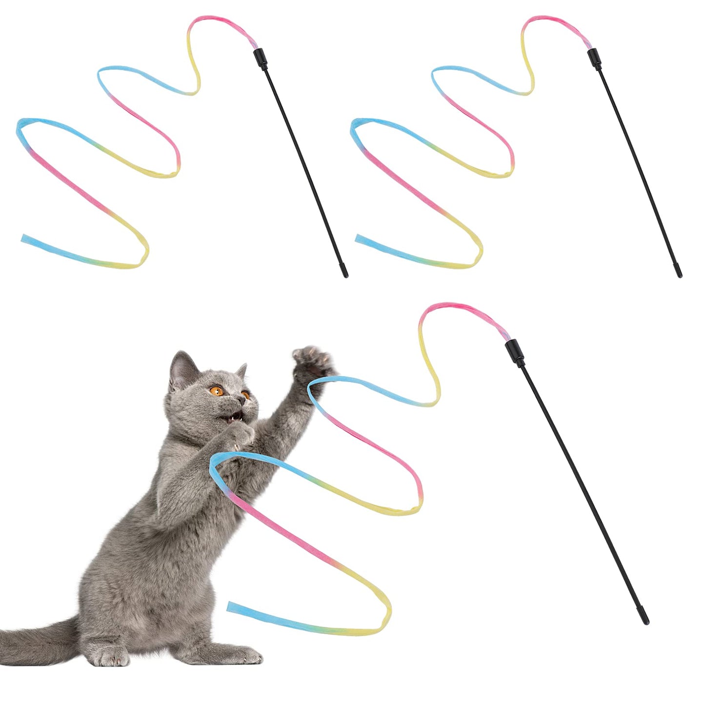 Molain Cat Wand Rainbow Toy, 3pcs Rainbow Ribbon Wand for Kittens Training, Rainbow Ribbon Cat Wand, Interactive Cat Wand, Stick Toy for Kitten Cat Exerciser Playing(30cm)