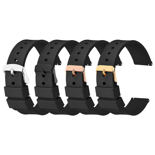 Amaxiu 4pcs Silicone Watch Bands, Universal Watch Straps with Quick Release Stainless Steel Buckle Soft Replacement Watchband(20mm, Black, Rose Gold, Gold, Silver Buckle)
