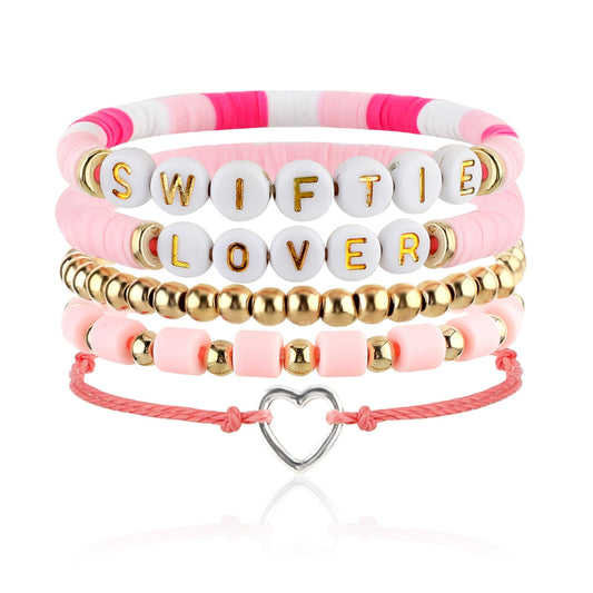 Amabro 5PCS Beaded Boho Bracelets, Adjustable Colorful Bracelets Stackable Friendship Bracelets Pink Stretchable Bohemian Layering Bracelets Set Jewelry Lover Gifts for Women Girls