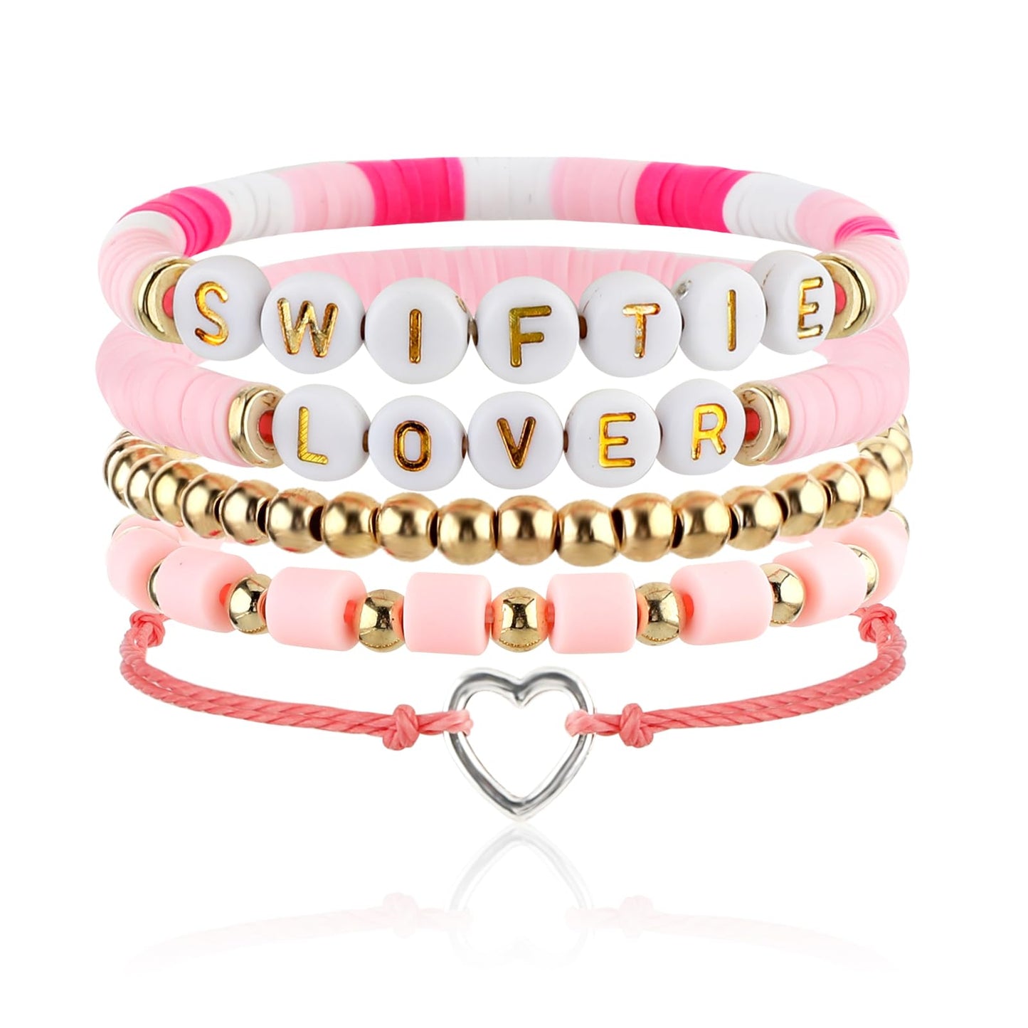 Amabro 5PCS Beaded Boho Bracelets, Adjustable Colorful Bracelets Stackable Friendship Bracelets Pink Stretchable Bohemian Layering Bracelets Set Jewelry Lover Gifts for Women Girls