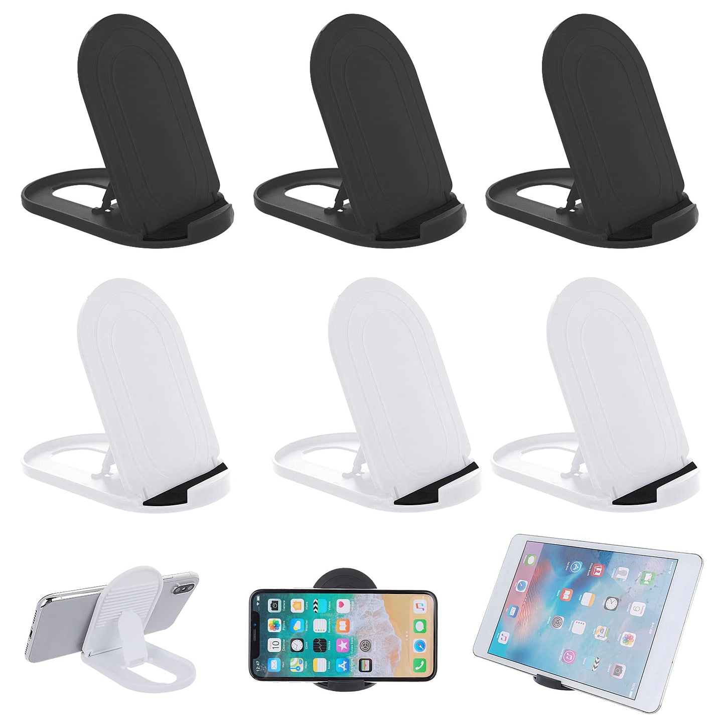 TIESOME 6Pcs Foldable Cell Phone Holder, Universal Oval Shaped Mobile Phone Holder Portable Adjustable Desktop Holder Compatible with Tablets Smartphones(3 black and 3 white)