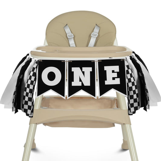AOZUO 1st Birthday High Chair Banner, Racecar Birthday Banner Decorations, Black White Checkered Birthday Banner, First Birthday Photo Prop Boy Racing Theme, 1st Birthday Race Car Banner